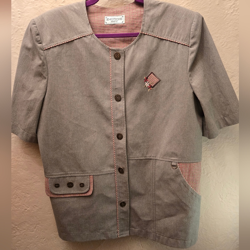 90s Vintage Emotions Sport Cottagecore Blouse | Plaid Lined | Made in Canada | L
